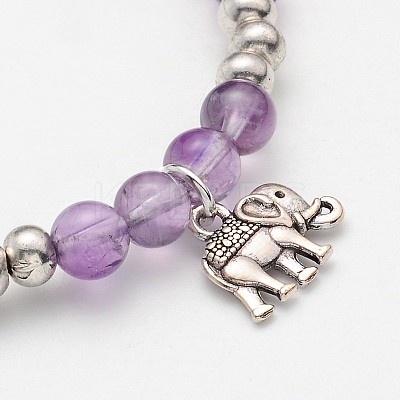 Natural Amethyst Beaded Elephant Charm Stretch Bracelets BJEW-JB01974-03-1