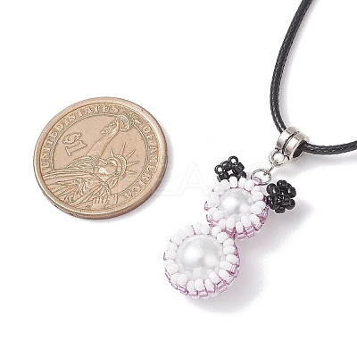 Glass Seed Beads & Glass Pearl Round Beaded Bear Pendant Waxed Cotton Cord Necklaces for Women Men NJEW-MZ00126-02-1