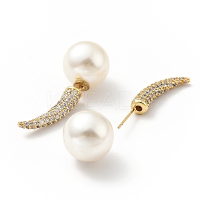 Clear Cubic Zirconia Horn with Acrylic Pearl Front Back Stud Earrings EJEW-G295-02A-G-1