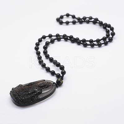 Natural Golden Sheen Obsidian Beaded Pendant Necklaces NJEW-E116-14-1