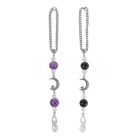 2Pcs Natural Black Onyx & Amethyst & Glass Car Rearview Mirror Pendant Decoration HJEW-CA00066-1