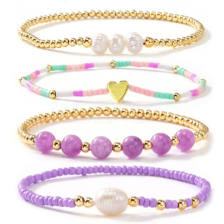 4Pcs 4 Styles Brass & Glass & Natural Freshwater Pearls & Amethyst Beads Stretch Bracelets for Women OA4246-1-1