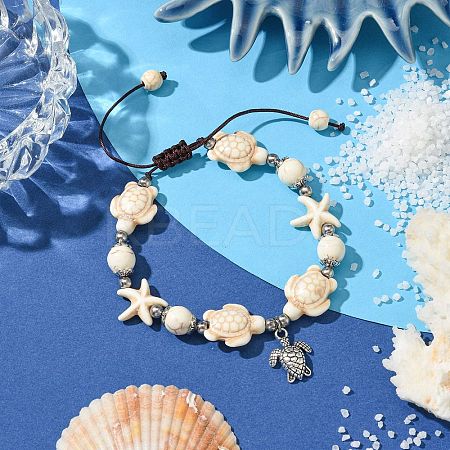 Starfish & Turtle Synthetic Turquoise Braided Beaded Bracelets BJEW-JB10926-02-1