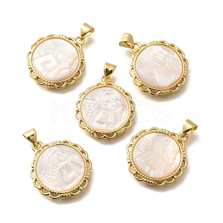 Brass Pave Natural White Shell Carved Angel Pendants KK-Z091-03G-1