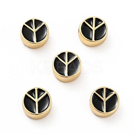 Flat Round with Peace Sign Brass Enamel Beads KK-G419-05G-05-1