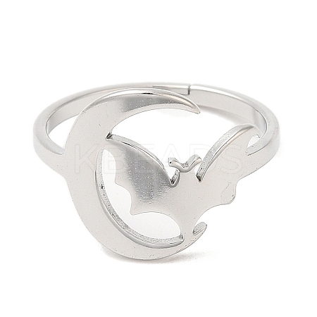 Non-Tarnish 304 Stainless Steel Moon with Bat Adjustable Ring for Women RJEW-M149-04P-1
