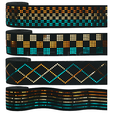 4 Yards 4 Styles Flat Polyester Elastic Cord with Laser Tartan/Stripe/Rhombus Paillettes OCOR-FG0002-81-1