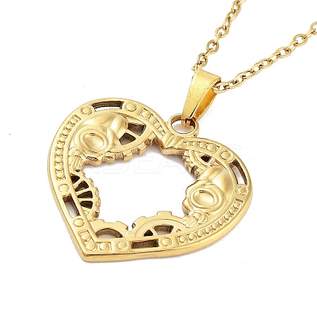 Heart with Steampunk Wheel Gear 304 Stainless Steel Pendant Necklaces NJEW-G083-03D-G-1