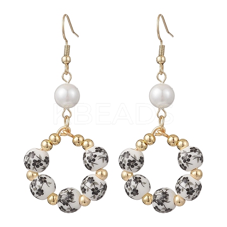 Printed Porcelain Round Dangle Earrings EJEW-JE06838-01-1