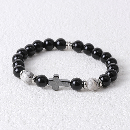 Round Natural Howlite & Black Onyx & Cross Synthetic Non-magnetic Hematite Stretch Beaded Bracelet for Men LK6258-2-1