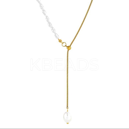 Stainless Steel & Imitation Pearl Beaded Tassel Rice Bead Pendant Y Lariat Necklaces for Women YR7767-1