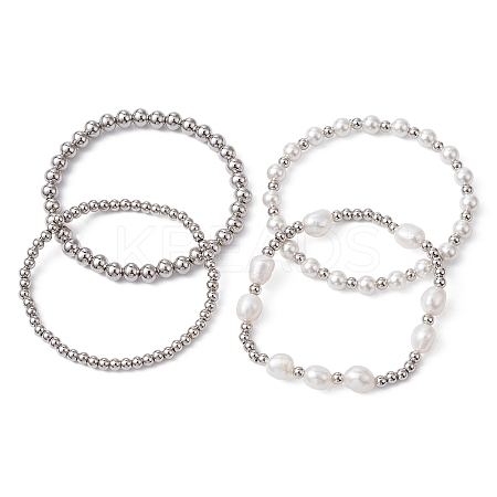 4Pcs 4 Style Natural Pearl & Brass Beaded Stretch Bracelets Set for Women BJEW-JB09662-02-1