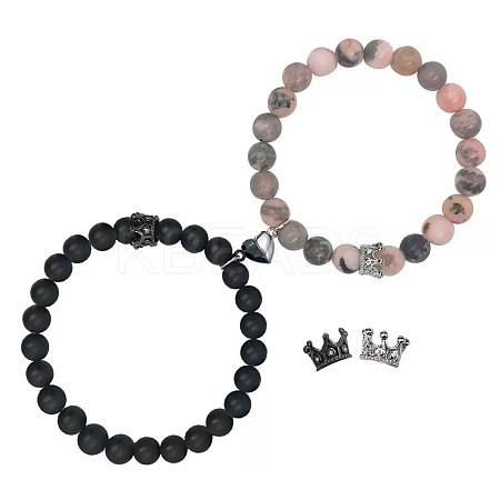2Pcs Matching Natural Black Matte Stone & Pink Zebra Stone Round Beads Stretch Bracelets PT6851-1-1