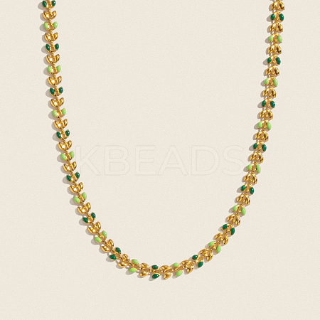 304 Stainless Steel Enamel Green Leaf Link Chain Necklaces for Women OR8327-1