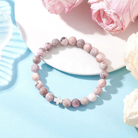 Natural Pink Zebra Jasper Round Beads Bracelets BJEW-JB12435-1