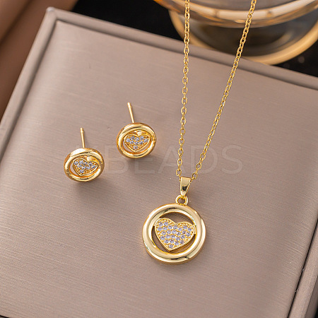Brass Micro Pave Clear Cubic Zirconia Stud Earrings & Pendant Necklaces Sets FS-WG8C3C9-08-1