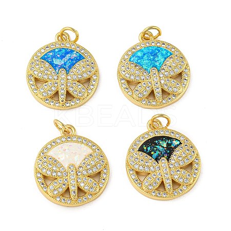 Flat Round with Dragonfly Brass Pendants Micro Pave Cubic Zirconia with Synthetic Opal KK-K356-06G-1