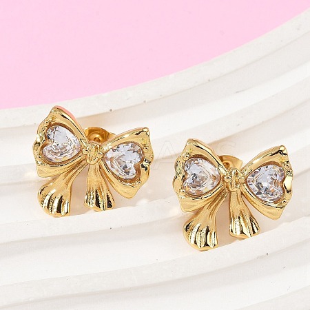 Bowknot 304 Stainless Steel Glass Stud Earrings EJEW-M105-02G-1