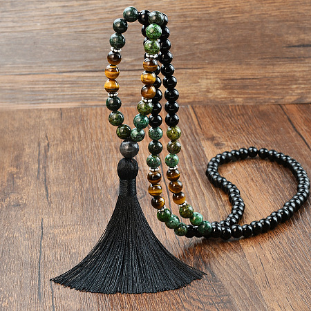 Glass & African Turquoise(Jasper) & Tiger Eye 108 Mala Prayer Round Beaded Wrap Necklaces with Long Tassel FS-WGB975F-02-1