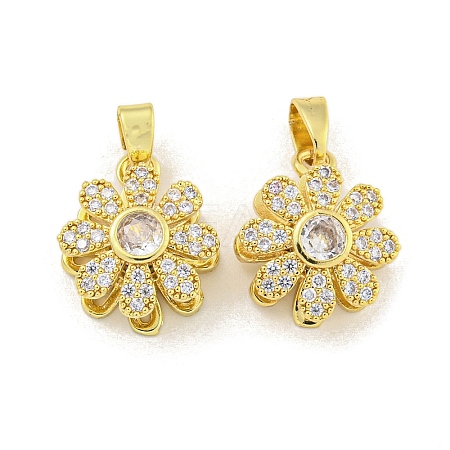Rotatable Flower Charms Rack Plating Brass Clear Cubic Zirconia Pendants KK-M291-02G-1