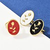 Oval with Rose Pattern 304 Stainless Steel Enamel Finger Rings for Women RJEW-G355-10G-1