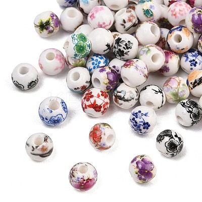 Printed Floral Printed Porcelain Beads PORC-T137-01A-1