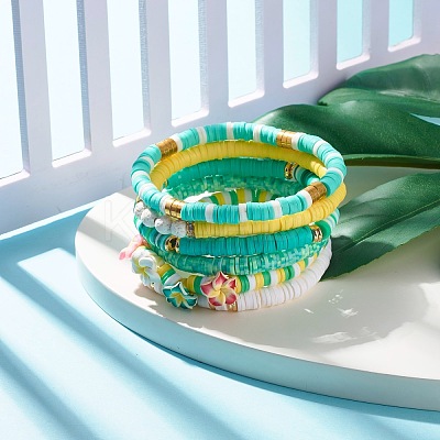 Natural Lava Rock & Handmade Polymer Clay Heishi Stretch Bracelets Set BJEW-JB07512-1
