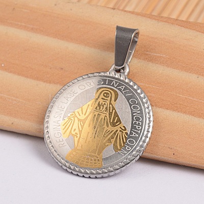 Flat Round with Virgin Mary & Word 304 Stainless Steel Pendants STAS-I036-02B-1