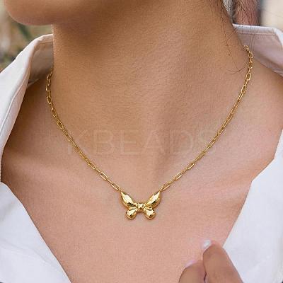 304 Stainless Steel Bowknot Pendant Paperclip Chain Necklaces for Women WQ2768-1