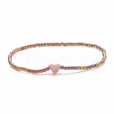Glass Round Beaded Stretch Bracelet with Brass Heart for Women BJEW-JB08090-1