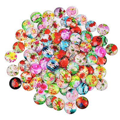 Flower Printed Glass Cabochons GGLA-SZ0001-15-1