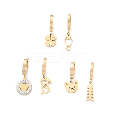 3 Pair 3 Style Heart & Bear & Fish & Clover Crystal Rhinestone Asymmetrical Earrings EJEW-B020-15G-1