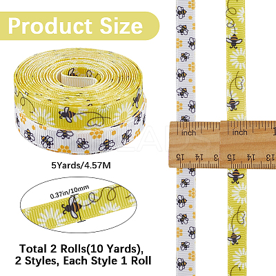 2 Rolls 2 Styles Polyester Bees Printed Grosgrain Ribbons SRIB-CY0001-10-1