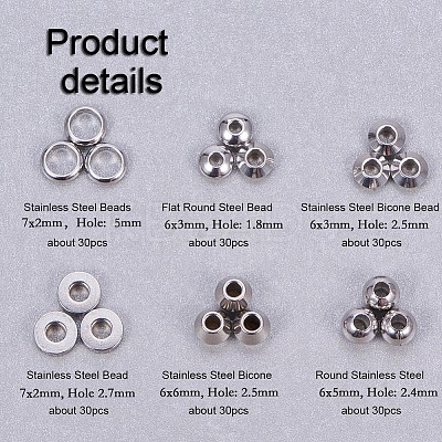 180Pcs 6 Styles 304 Stainless Steel Beads STAS-PH0018-23P-1