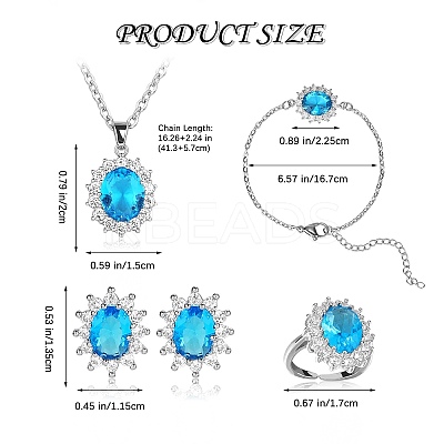 Cubic Zirconia Oval Pendant Necklace & Link Bracelet & Cuff Ring & Stud Earrings SJEW-SZC0001-01D-1