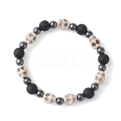 Halloween Skull Synthetic Turquoise & Round Lava Rock & Synthetic Non-Magnetic Hematite Beaded Stretch Bracelets for Women BJEW-JB10656-02-1