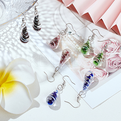 4 Pairs 4 Colors Glass Teardrop with Spiral Pattern Dangle Earring EJEW-FI0001-07-1