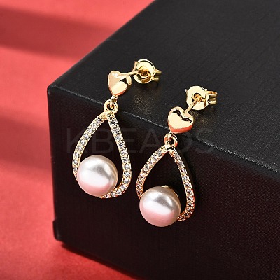 Teardrop with Round Brass Micro Pave Clear Cubic Zirconia Dangle Stud Earrings EJEW-A135-19G-1