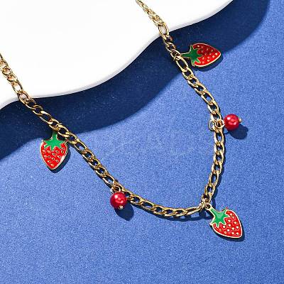 304 Stainless Steel Red Enamel Strawberry Pendant Necklaces for Women NJEW-F346-05G-1