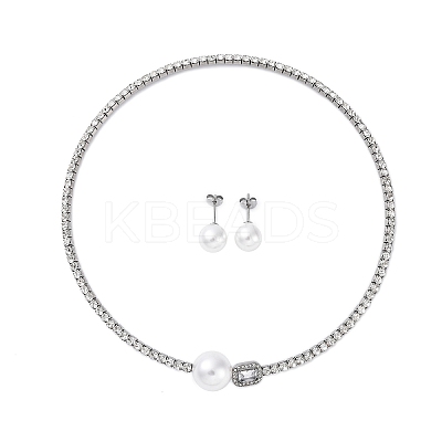 Round Plastic Imitation Pearl Stud Earrings & Rectangle Cubic Zirconia Rhinestone Cuff Choker Necklaces Sets SJEW-U003-06P-1