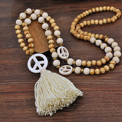 Wood & Synthetic Turquoise Beaded Peace Sign Mala Necklaces with Tassel for Women FS-WGC7FA0-01-1
