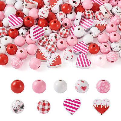 120Pcs 9 Styles Valentine's Day Painted Natural Wood Beads WOOD-KS0001-20-1