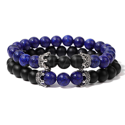 2Pcs 2 Styles Natural Lapis Lazuli Beads Stretch Bracelet Set for Women Men MO5189-2-1