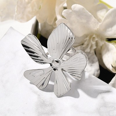 Flower 304 Stainless Steel Open Cuff Ring for Women RJEW-R006-03P-01-1