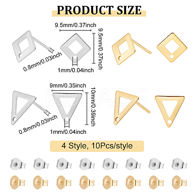 40Pcs 4 Style 201 Stainless Steel Stud Earring Findings with Hole EJEW-DC0001-21-1