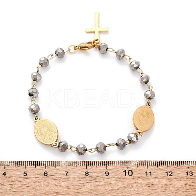 201 Stainless Steel & Electroplated Glass Miraculous Medal Virgin Cross Charm Bracelets LS-BJEW-B078-163G-1