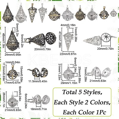 10Pcs 10 Styles Brass Cage Pendants KK-SC0004-27-1