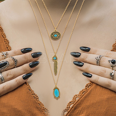2Pcs 2 Colors Flower & Feather & Oval Imitation Turquoise Pendants 3 Layer Necklaces Set NJEW-AN0001-06-1