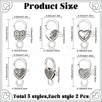 10Pcs 5 Styles Tibetan Style Alloy Lobster Claw Clasps FIND-YW0009-89-1