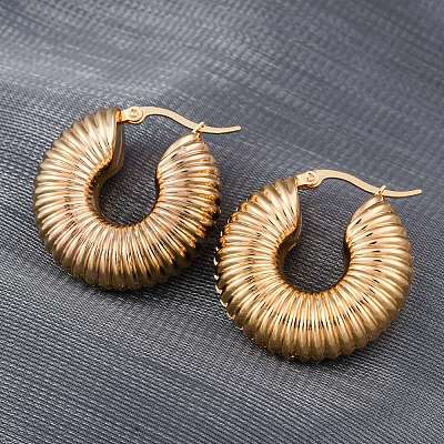 Ion Plating(IP) Chunky Vintage Grooved Hoop Earrings for Women EJEW-O096-52G-1